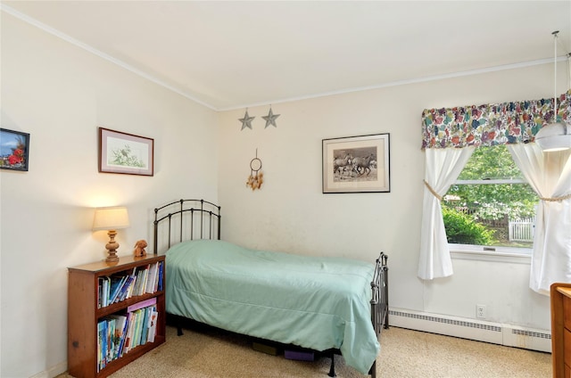 16 Colonial Dr, East Patchogue, NY 11772 - bedroom featuring a baseboard radiator, crown molding, and carpet flooring