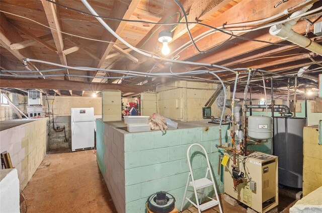 16 Colonial Dr, East Patchogue, NY 11772 - unfinished basement featuring freestanding refrigerator, water heater, and a heating unit