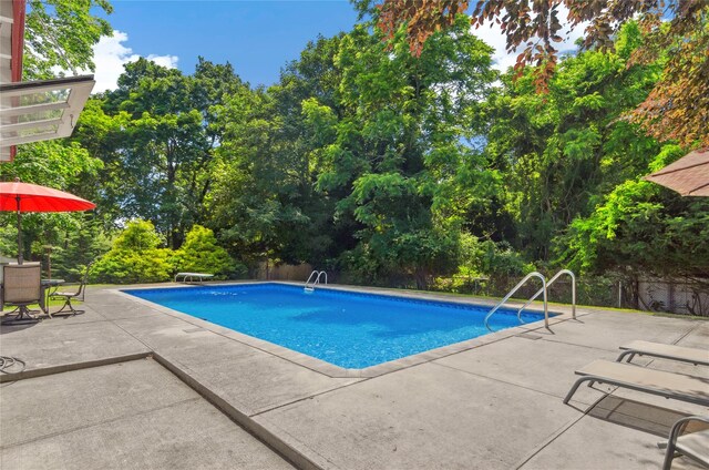 16 Colonial Dr, East Patchogue, NY 11772 - outdoor pool featuring a patio area and view of wooded area