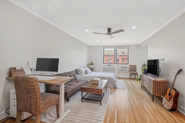 86-29 155th Ave Unit 5N, Howard Beach, NY 11414 - living room with light wood-type flooring, ceiling fan, a wall mounted AC, crown molding, and recessed lighting