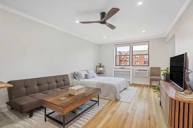 86-29 155th Ave Unit 5N, Howard Beach, NY 11414 - bedroom featuring radiator, light wood-type flooring, a wall unit AC, recessed lighting, and ornamental molding