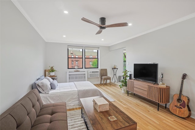 86-29 155th Ave Unit 5N, Howard Beach, NY 11414 - living room featuring light wood-type flooring, a wall unit AC, ornamental molding, ceiling fan, and recessed lighting