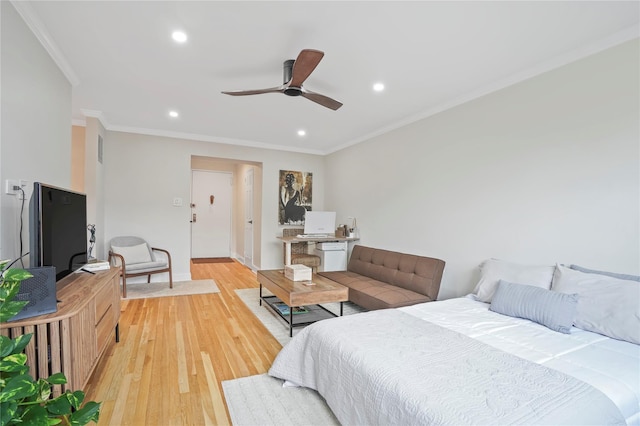 86-29 155th Ave Unit 5N, Howard Beach, NY 11414 - bedroom with recessed lighting, light wood-style floors, ornamental molding, and ceiling fan