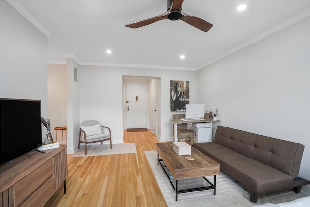 86-29 155th Ave Unit 5N, Howard Beach, NY 11414 - living room featuring light wood-style floors, ornamental molding, recessed lighting, and ceiling fan