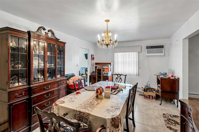 1541 Herzel Blvd, West Babylon, NY 11704 - dining space featuring a wall mounted AC, a chandelier, light tile patterned flooring, and baseboard heating