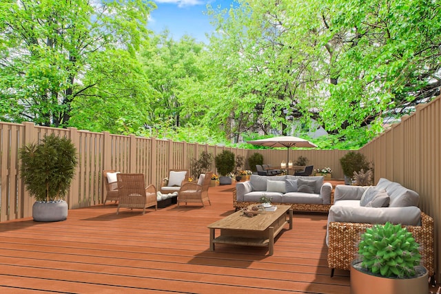 231 Macdougal St, Brooklyn, NY 11233 - wooden deck featuring an outdoor living space and a fenced backyard