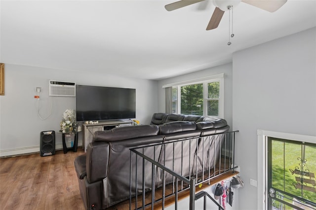 2 Prospect St, Central Islip, NY 11722 - living area featuring a baseboard heating unit, wood finished floors, ceiling fan, and a wall mounted AC