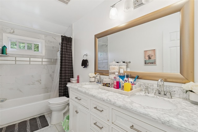 2 Prospect St, Central Islip, NY 11722 - bathroom with double vanity, shower / tub combo with curtain, and marble finish floors
