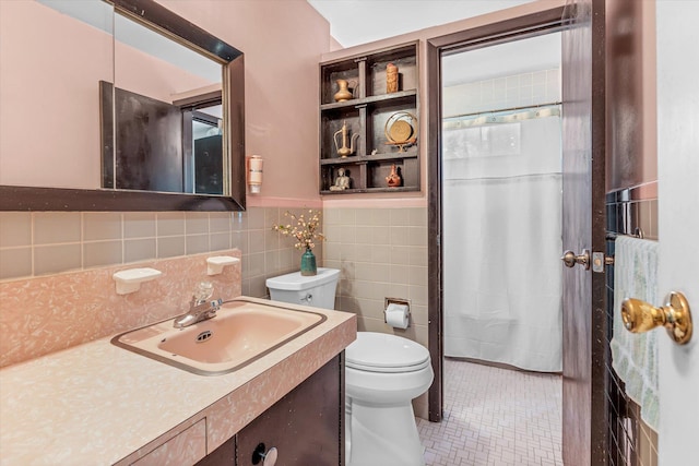 17 Edna Dr, Syosset, NY 11791 - full bathroom with vanity, tile walls, a shower with shower curtain, and tile patterned floors