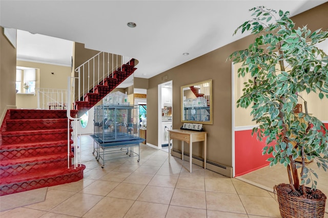 25 Lloyd Ln, Nesconset, NY 11767 - staircase with a baseboard radiator and tile patterned flooring