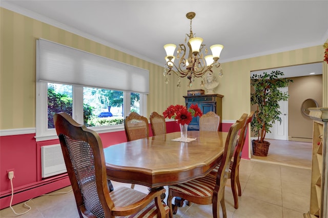 25 Lloyd Ln, Nesconset, NY 11767 - dining room with a chandelier, ornamental molding, light tile patterned floors, and a baseboard heating unit