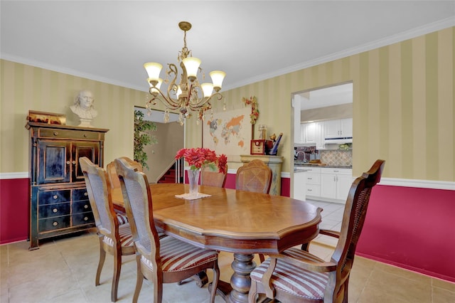 25 Lloyd Ln, Nesconset, NY 11767 - dining space featuring a chandelier, light tile patterned flooring, ornamental molding, and wallpapered walls