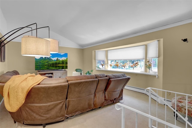 25 Lloyd Ln, Nesconset, NY 11767 - carpeted living area featuring lofted ceiling and crown molding
