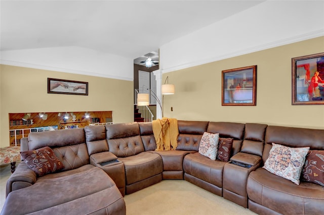 25 Lloyd Ln, Nesconset, NY 11767 - carpeted cinema featuring vaulted ceiling, a ceiling fan, and crown molding