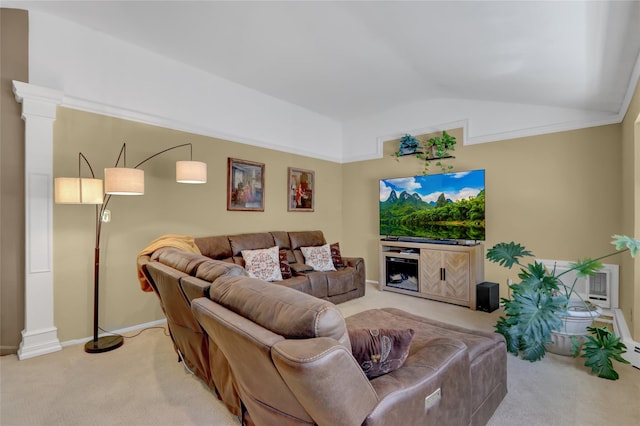 25 Lloyd Ln, Nesconset, NY 11767 - living area featuring light carpet, vaulted ceiling, and decorative columns