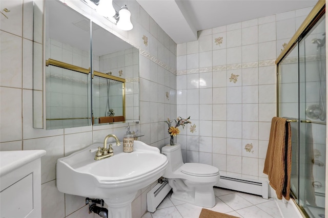 25 Lloyd Ln, Nesconset, NY 11767 - full bathroom featuring a baseboard radiator, tile walls, and a shower with shower door