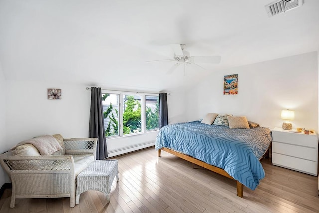 15 Bayside Ave, East Quogue, NY 11942 - bedroom featuring vaulted ceiling, hardwood / wood-style flooring, baseboard heating, and ceiling fan