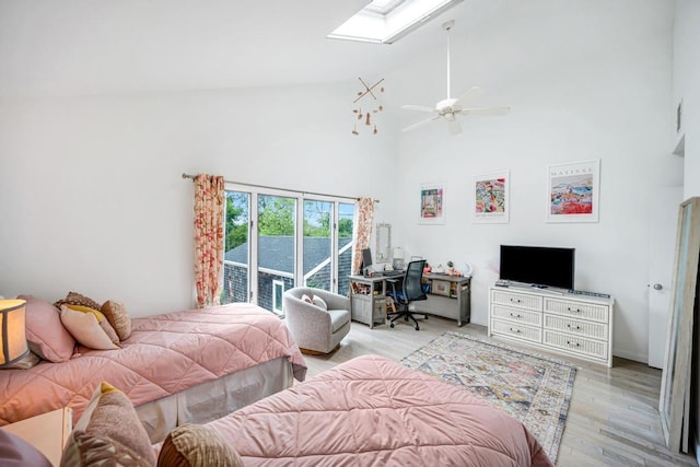 15 Bayside Ave, East Quogue, NY 11942 - bedroom featuring a skylight, light wood-style floors, high vaulted ceiling, a desk, and ceiling fan