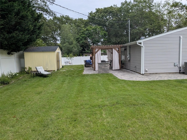 9 Songsparrow Ln, Centereach, NY 11720 - fenced backyard featuring a patio, a pergola, and a storage unit