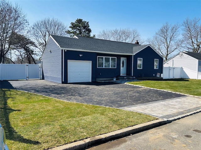 308 Hancock St, Brentwood, NY 11717 - ranch-style home with a gate, an attached garage, asphalt driveway, a chimney, and roof with shingles