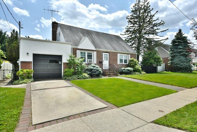 136 Euclid Ave, Massapequa, NY 11758 - view of front of home featuring brick siding, a garage, concrete driveway, and a chimney