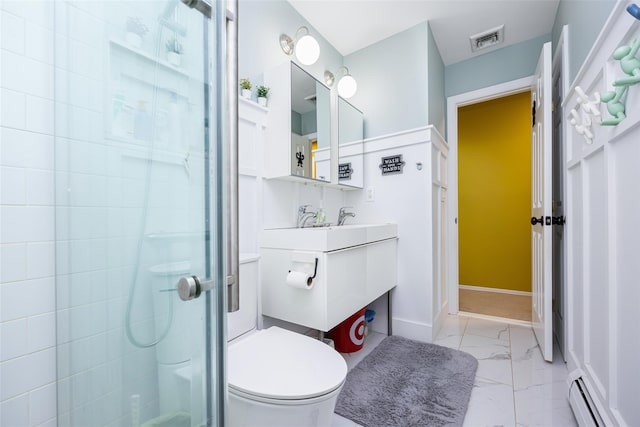 1200 Roger Rd, North Bellmore, NY 11710 - full bath with baseboard heating, marble finish floors, a stall shower, and vanity