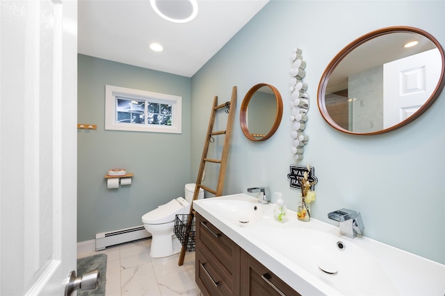 1200 Roger Rd, North Bellmore, NY 11710 - full bathroom with a baseboard heating unit, marble look tile flooring, double vanity, recessed lighting, and a tile shower