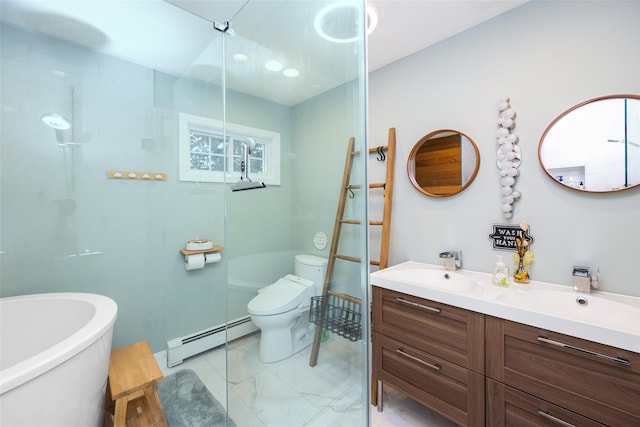 1200 Roger Rd, North Bellmore, NY 11710 - full bathroom with a baseboard heating unit, double vanity, a freestanding tub, marble look tile flooring, and a shower