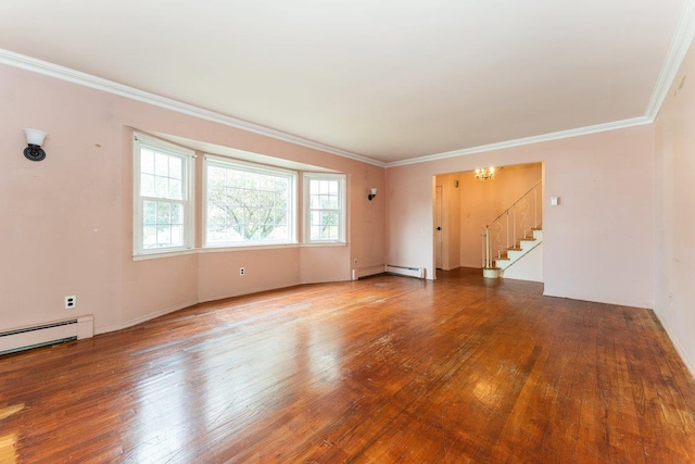 2609 Parkview Pl, Baldwin, NY 11510 - unfurnished living room featuring hardwood / wood-style floors, stairway, crown molding, a chandelier, and a baseboard radiator