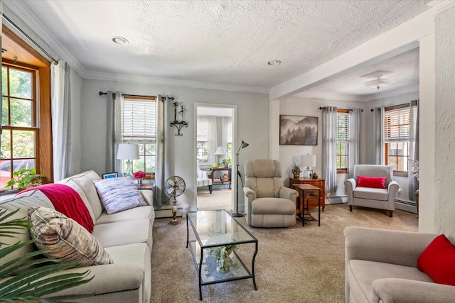 2564 Central Ave Unit B, Baldwin, NY 11510 - carpeted living area featuring a baseboard heating unit, plenty of natural light, ornamental molding, and a textured ceiling