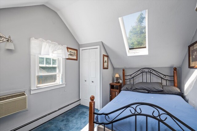 2564 Central Ave Unit B, Baldwin, NY 11510 - bedroom featuring a baseboard radiator, lofted ceiling, carpet flooring, a closet, and a skylight