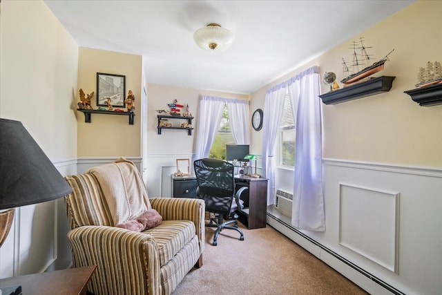 2564 Central Ave Unit B, Baldwin, NY 11510 - office area featuring a baseboard heating unit, wainscoting, and carpet