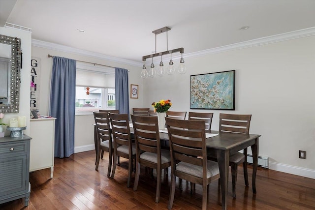 3483 Steven Rd, Baldwin, NY 11510 - dining room featuring dark wood-style floors, ornamental molding, and baseboard heating