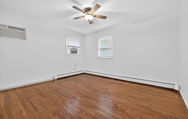 1152 N Country Rd, Stony Brook, NY 11790 - unfurnished room featuring a baseboard radiator, wood-type flooring, ceiling fan, and a wall unit AC
