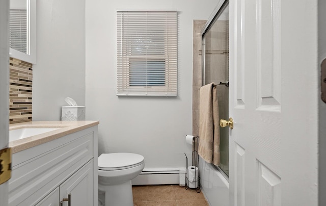 1152 N Country Rd, Stony Brook, NY 11790 - bathroom with a baseboard radiator, backsplash, vanity, tile patterned flooring, and combined bath / shower with glass door