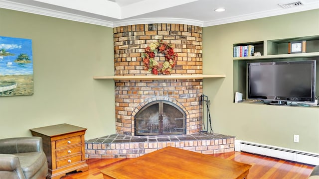 12 Hasting Dr, Stony Brook, NY 11790 - living room featuring a baseboard radiator, a fireplace, wood finished floors, ornamental molding, and recessed lighting