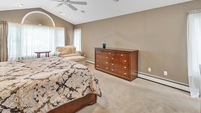 12 Hasting Dr, Stony Brook, NY 11790 - bedroom featuring a baseboard heating unit, vaulted ceiling, carpet, and a ceiling fan