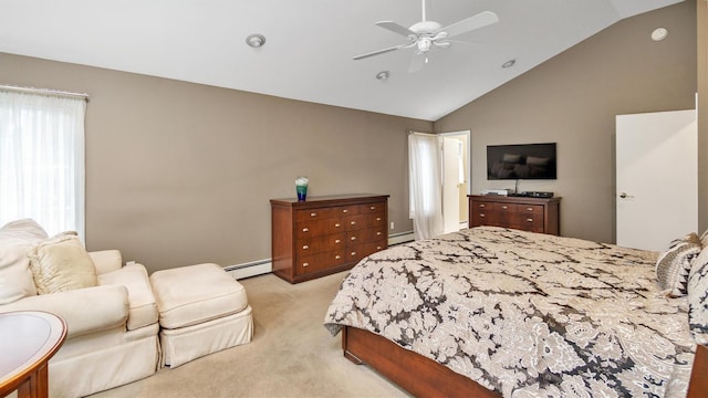 12 Hasting Dr, Stony Brook, NY 11790 - bedroom featuring a baseboard heating unit, light colored carpet, baseboard heating, a ceiling fan, and high vaulted ceiling