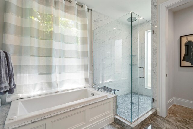 12 Terry Dr, Shelter Island, NY 11964 - bathroom with a garden tub, a shower stall, marble finish floors, and plenty of natural light