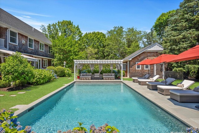 12 Terry Dr, Shelter Island, NY 11964 - swimming pool featuring an outdoor living space, a pergola, a yard, and a patio area