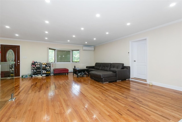 5 Bellingham Ln, Great Neck, NY 11023 - living room featuring crown molding, a wall unit AC, light wood-type flooring, and recessed lighting