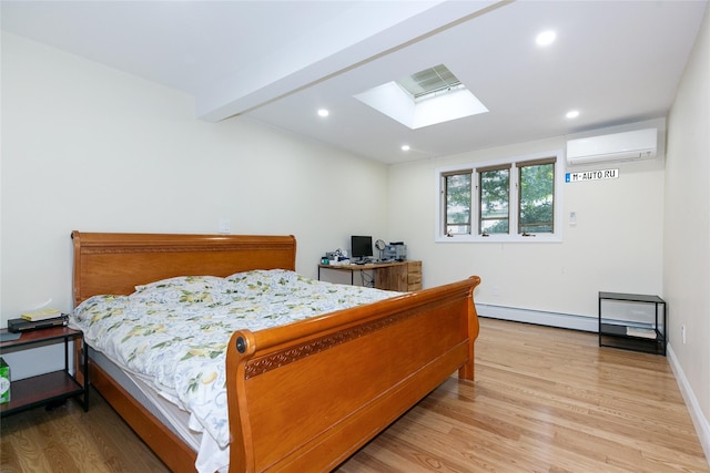 5 Bellingham Ln, Great Neck, NY 11023 - bedroom with a skylight, a wall mounted air conditioner, a baseboard heating unit, light wood-style flooring, and beam ceiling