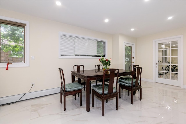 5 Bellingham Ln, Great Neck, NY 11023 - dining room with light marble finish floors, healthy amount of natural light, recessed lighting, and a baseboard heating unit