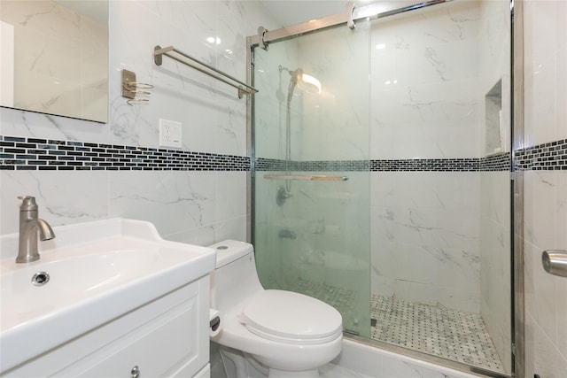 5 Bellingham Ln, Great Neck, NY 11023 - bathroom featuring tile walls, a stall shower, and vanity