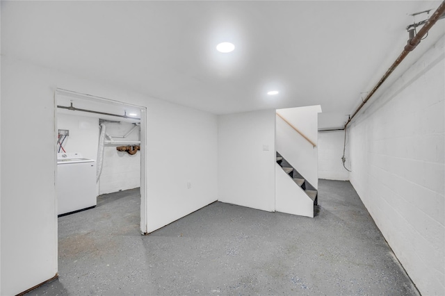 17 Pinetree Dr, Shirley, NY 11967 - finished below grade area with washer / clothes dryer, stairs, recessed lighting, and concrete block wall