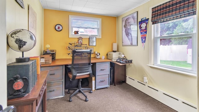 27 Lidge Dr, Farmingville, NY 11738 - office featuring baseboard heating, plenty of natural light, light carpet, and ornamental molding