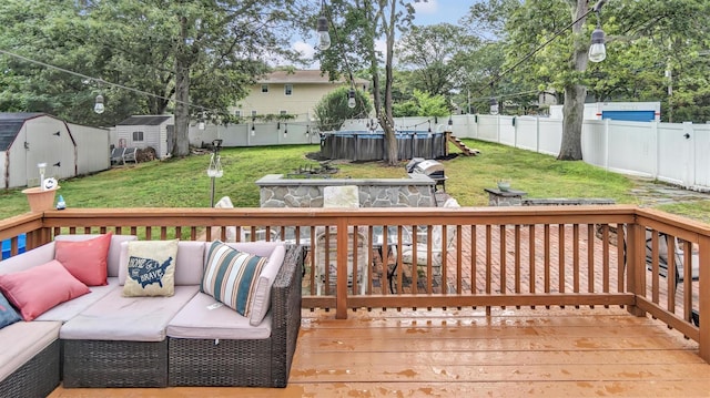 27 Lidge Dr, Farmingville, NY 11738 - deck with a storage shed, outdoor lounge area, and a fenced backyard