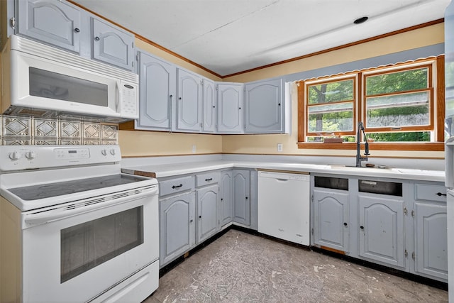 1973 State Route 17k, Montgomery, NY 12549 - kitchen with white appliances, light countertops, and gray cabinetry