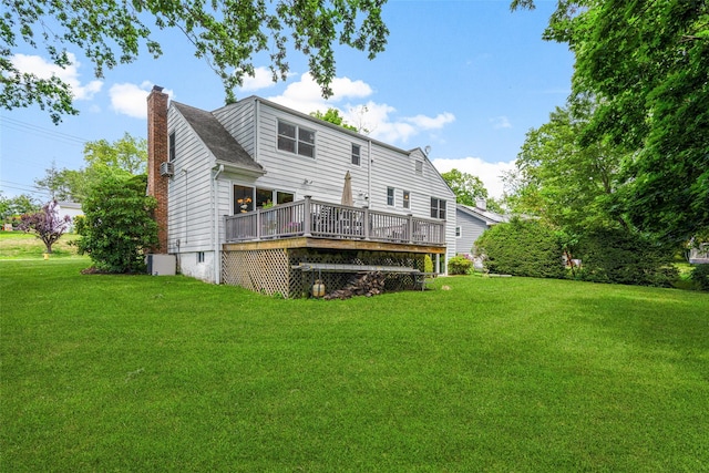 918 Sylvan Ln, Mamaroneck, NY 10543 - rear view of house featuring a chimney, a deck, and a yard