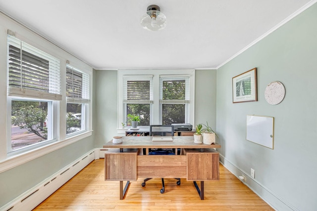 271 Foster Ave, Sayville, NY 11782 - office featuring baseboard heating, healthy amount of natural light, light wood-type flooring, and crown molding
